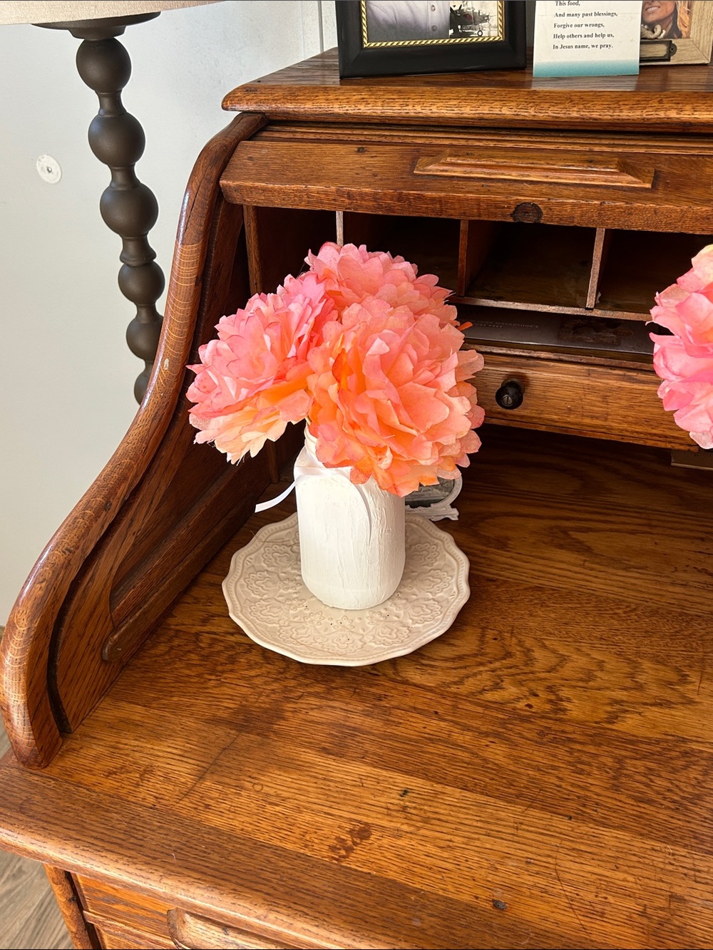 Farmhouse Handmade Peony Bouquet in Pink-Orange Mason Jar Vase - Home Accents